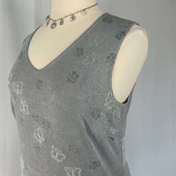 Vintage Maxi Dress Plus Size 14W 14 Gray Silver Butterfly Sleeveless Stretch 90s - Picture 6 of 16